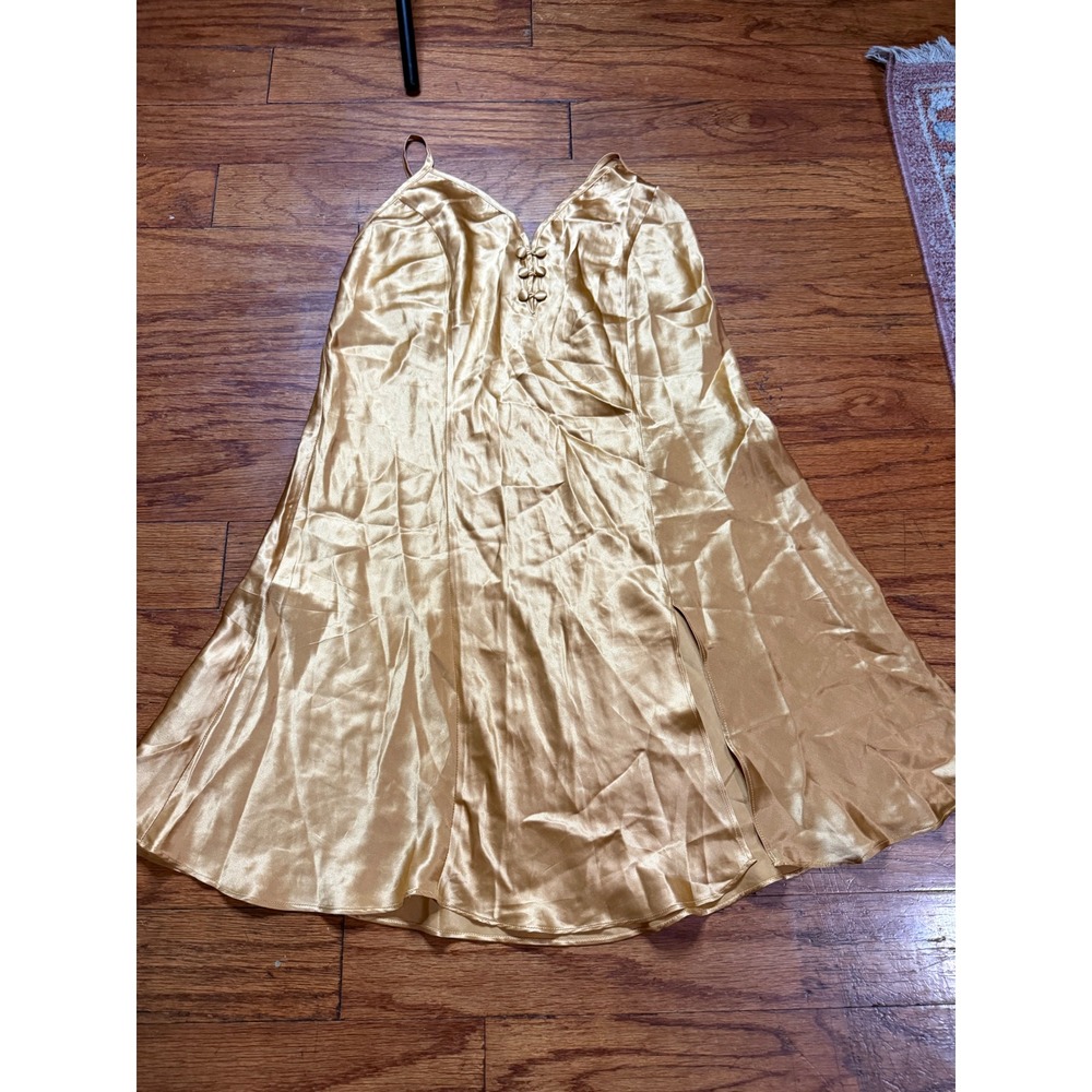 Vintage Victorias Secret Gold 100% Silk Slip Dress Nightgown Button V-Neck Med